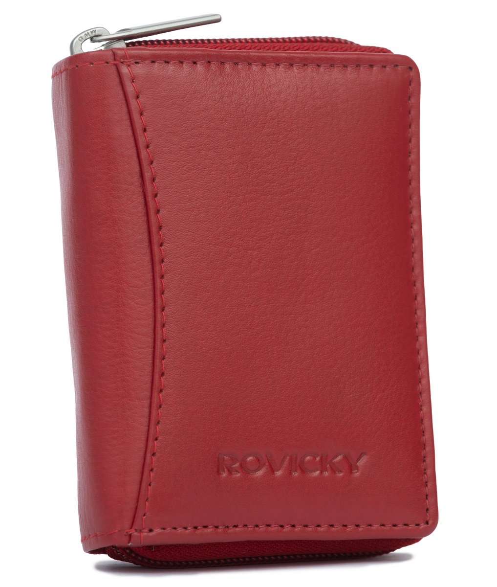 Skórzany portfel damski Rovicky na zatrzask portmonetka na karty dokumenty gotówkę, czerwony