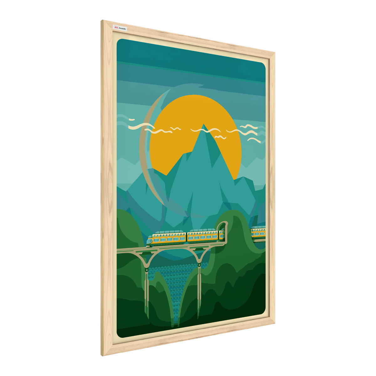 Tablica magnetyczna obraz pociąg na tle gór 60x40cm w ramie drewnianej naturalnej