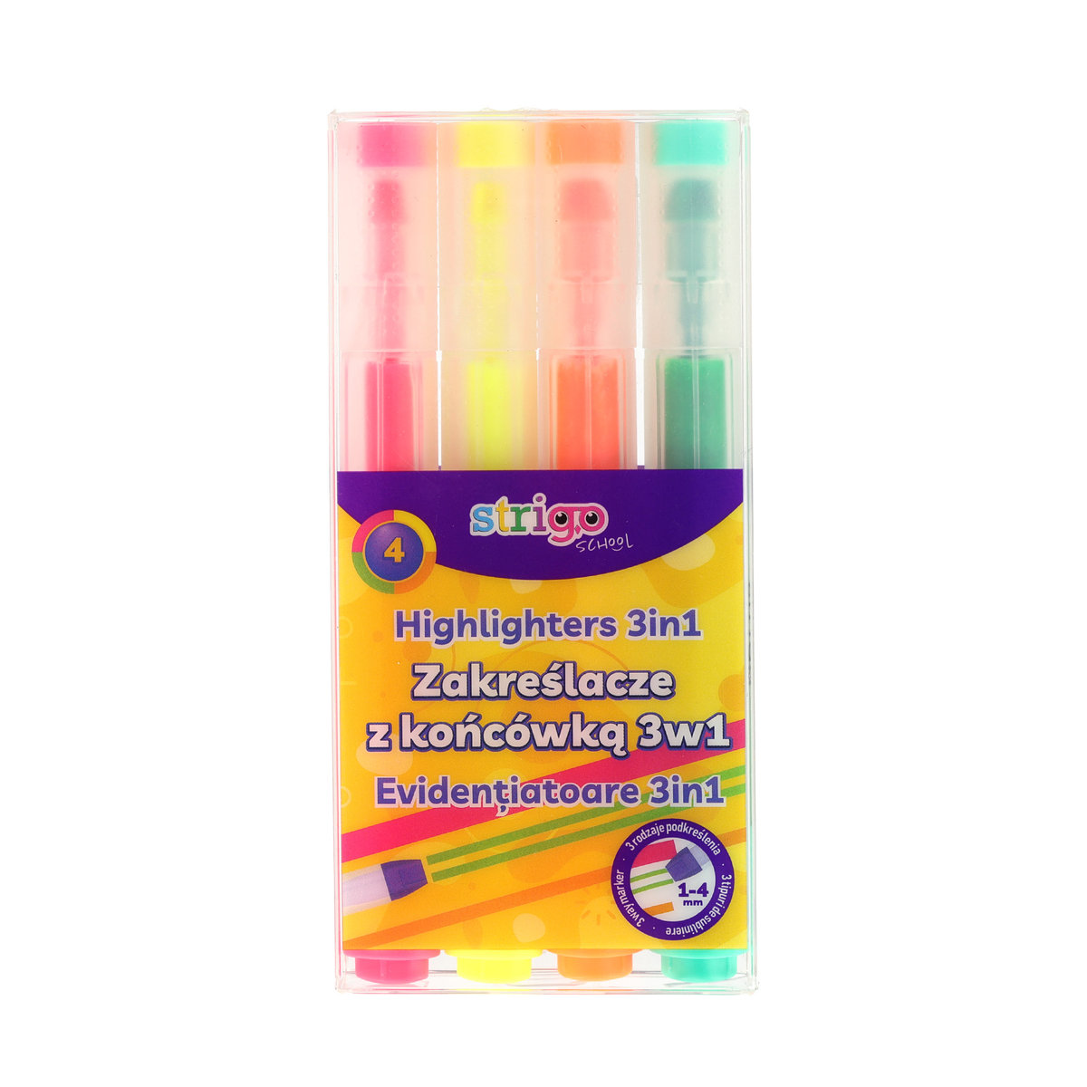Zestaw Zakreślaczy Strigo 3w1 neonowe 4 Kolory Wodoodporne Etui