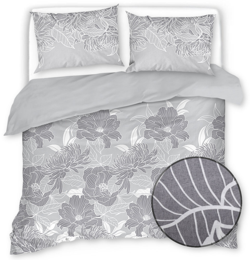 Pościel Satynowa 160X200 Szara W Kwiaty 20533