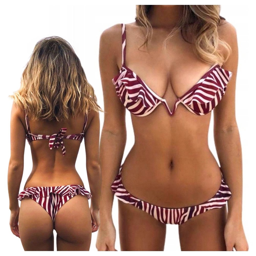 Strój Kąpielowy Z Fiszbinem Bikini W Paski Falbanka Basen I Plaża Kostium L