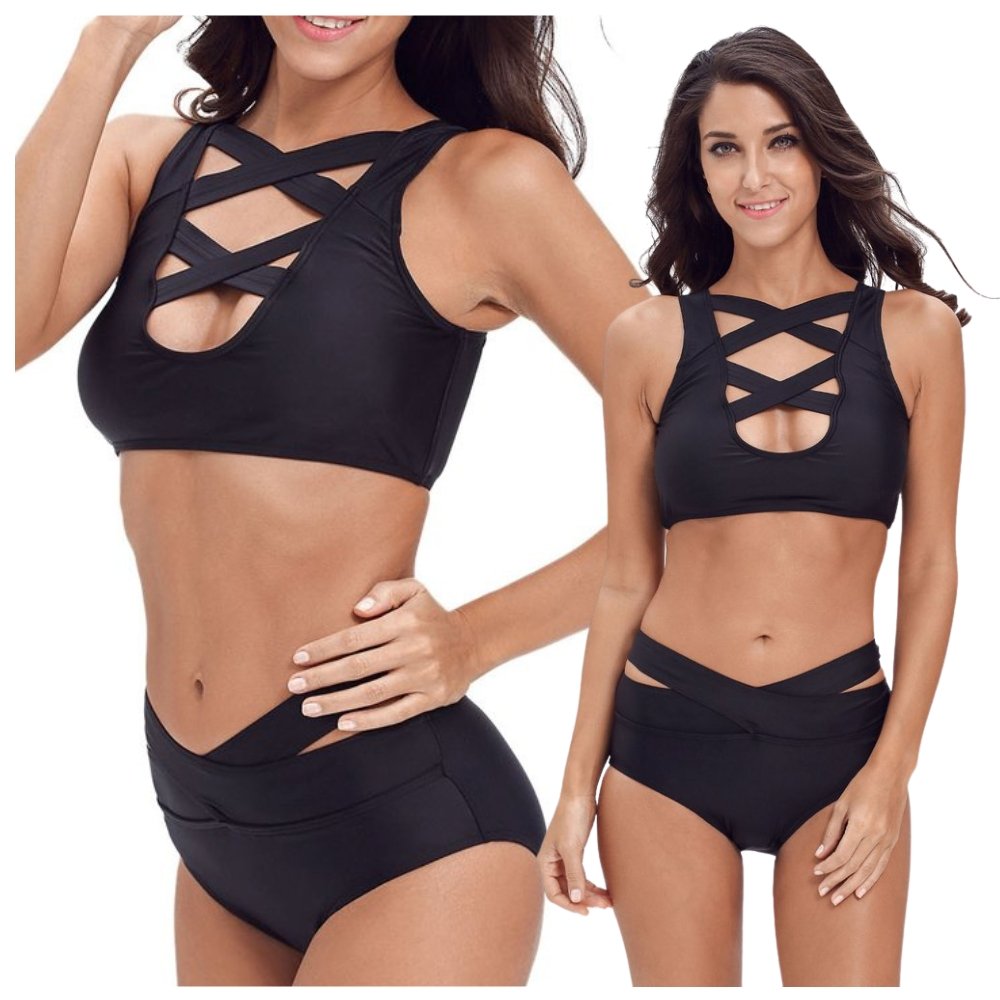 KOSTIUM KĄPIELOWY BIKINI STRÓJ NA PLAŻĘ BASEN SPORTOWY CZARNY WYSOKI STAN L