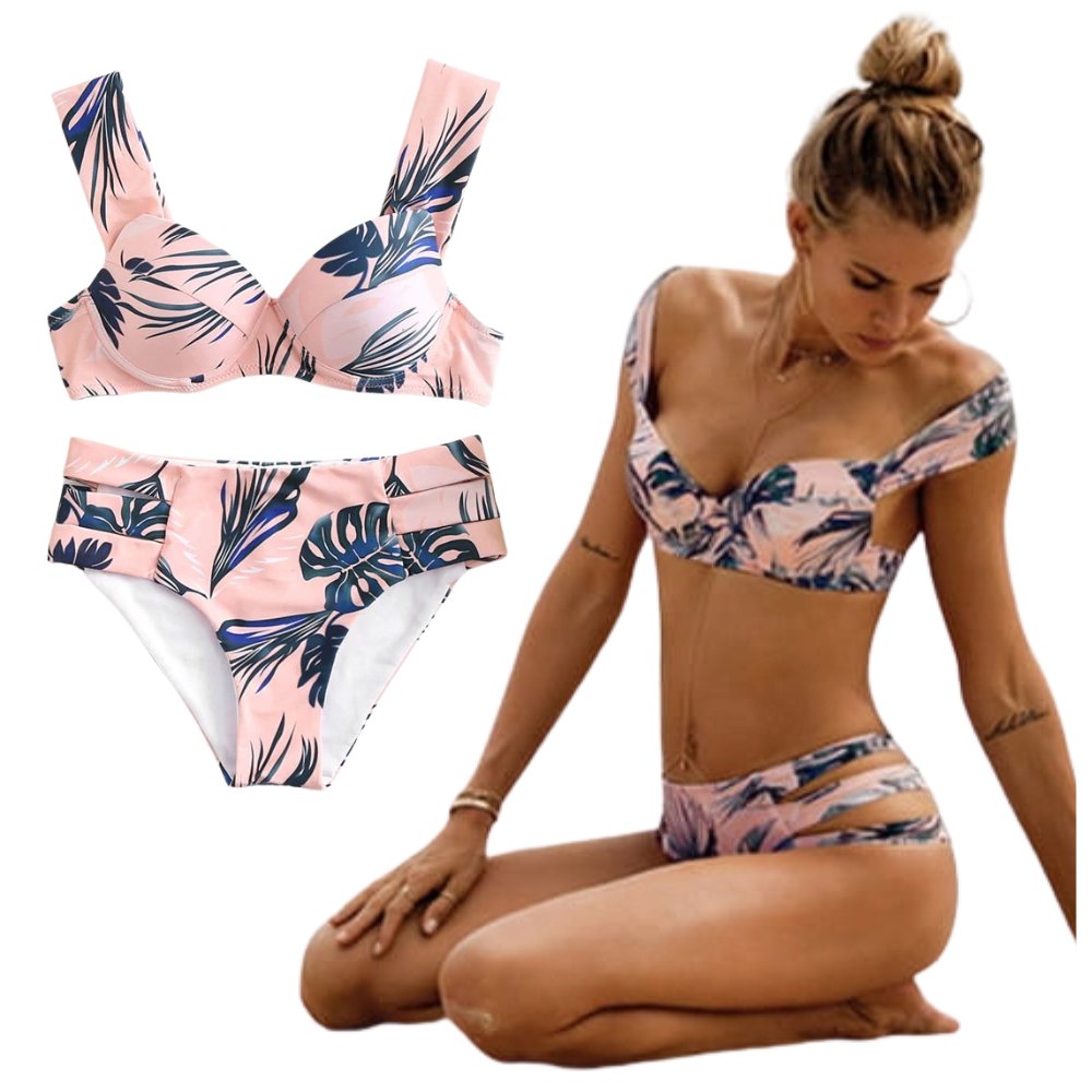 STRÓJ KĄPIELOWY DWUCZĘŚCIOWY KOSTIUM NA PLAŻE BASEN KWIATY PRINT DAMSKI L