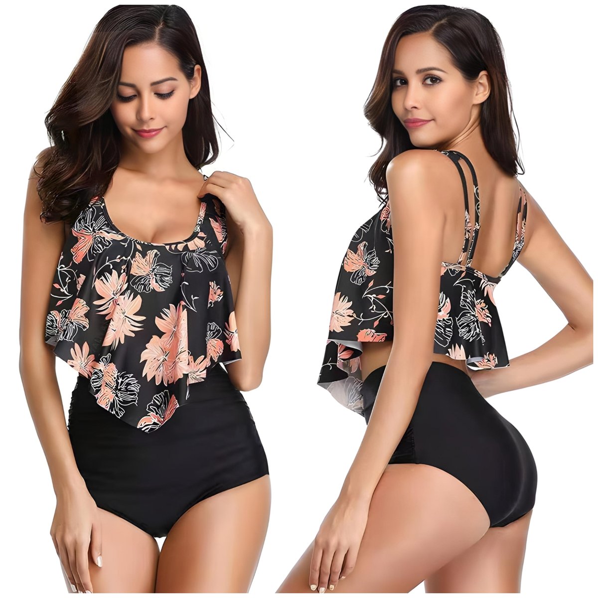 STRÓJ KĄPIELOWY BIKINI Z WYSOKIM STANEM LIŚCIE PRINT KOSTIUM CZARNY HIT XL