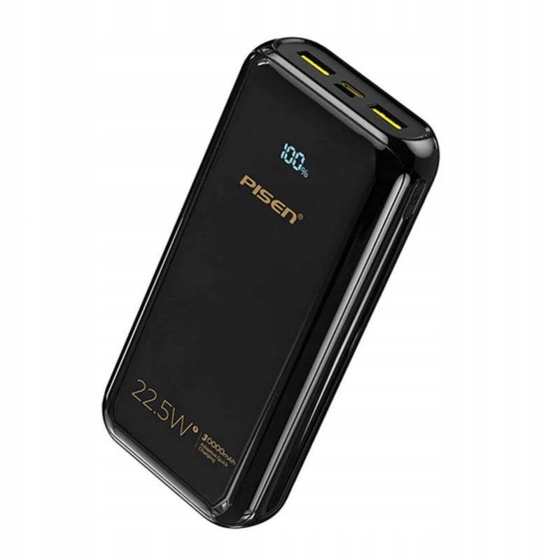 Powerbank Pisen Led 20000 Mah 22.5W Mocny Usb-C / Micro / Usb Pd Qc Czarny