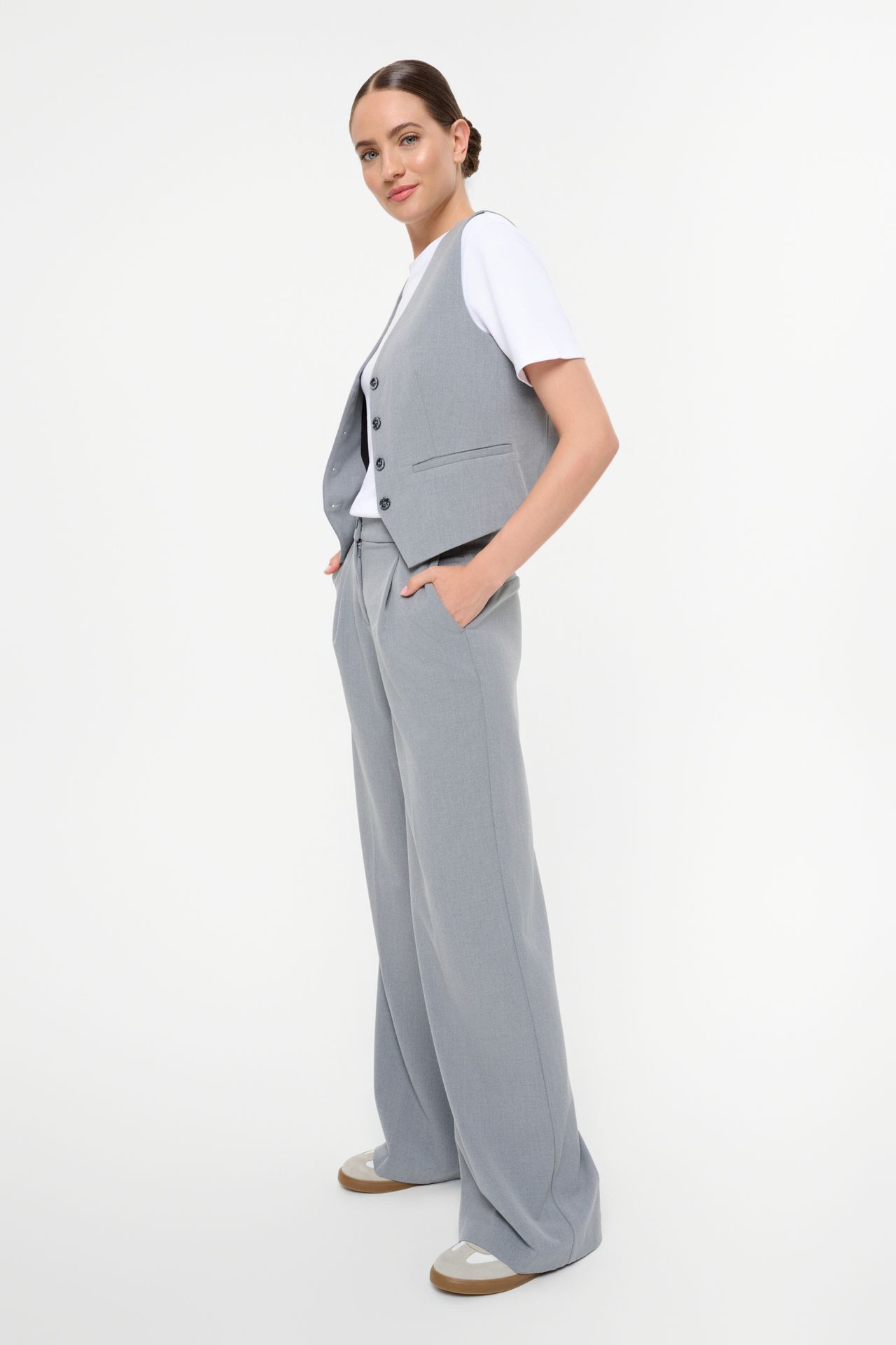 Szare eleganckie spodnie wide leg - Greenpoint