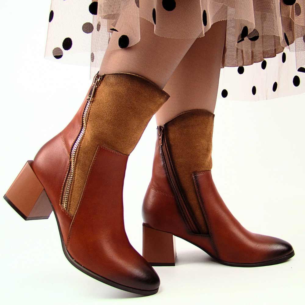 JEZZI ASA217-9 Botki damskie jesienne na klocku ocieplane brąz