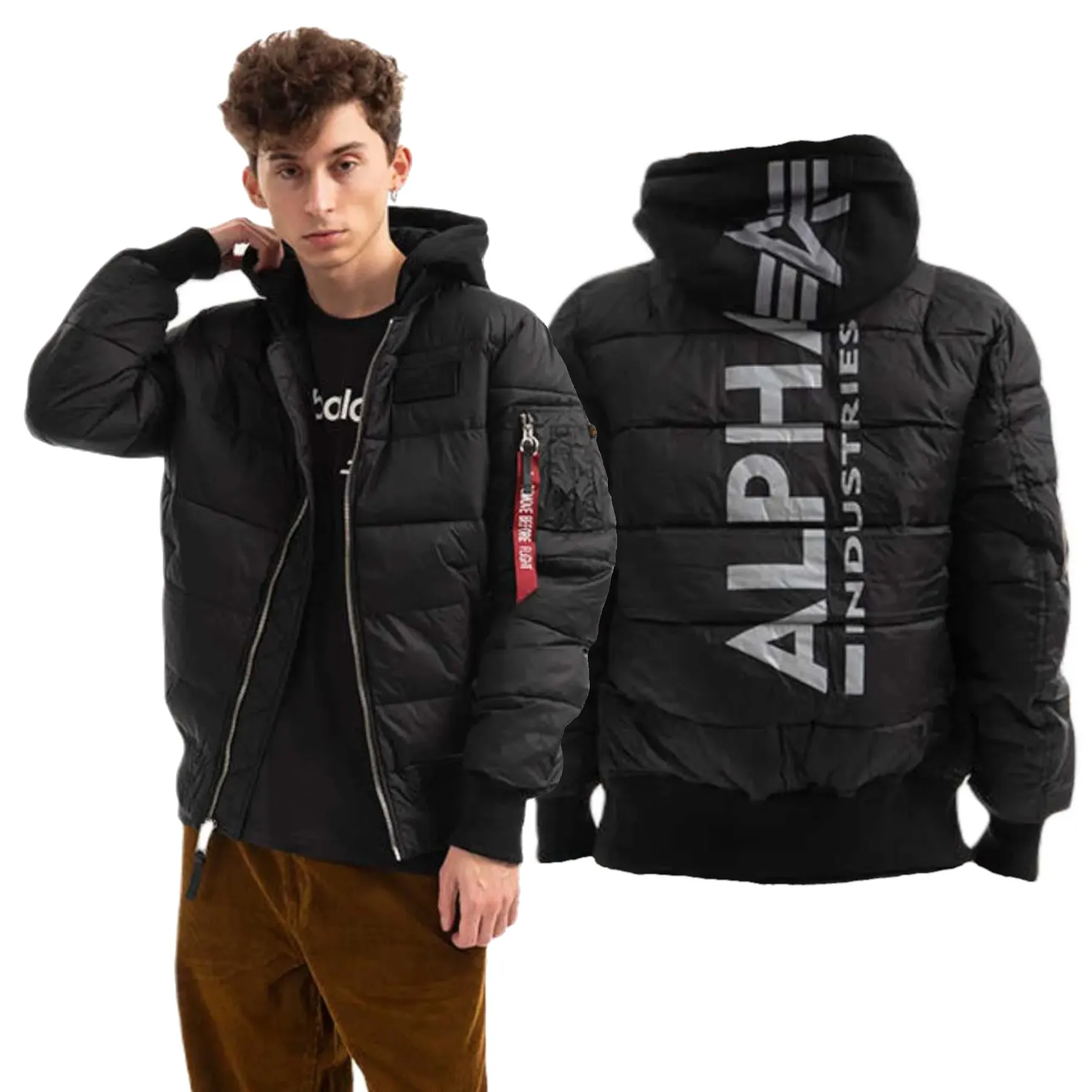 Kurtka z kapturem Alpha Industries MA-1 ZH Back Print Puffer FD 118107 285 - Czarna/Odblaskowa XXL