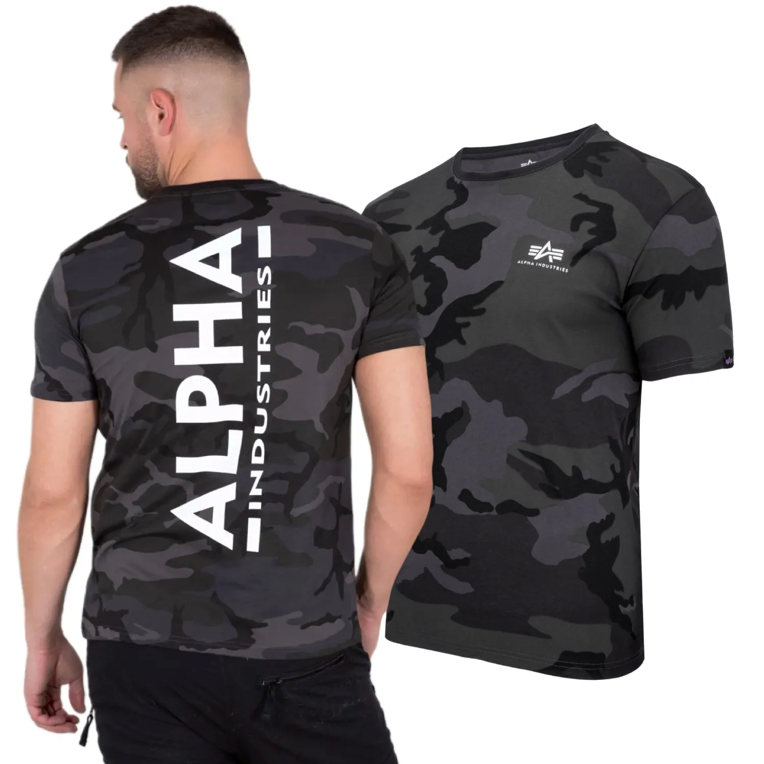 Koszulka Alpha Industries Backprint Camo 128507C-125 - Czarna Camo 3XL