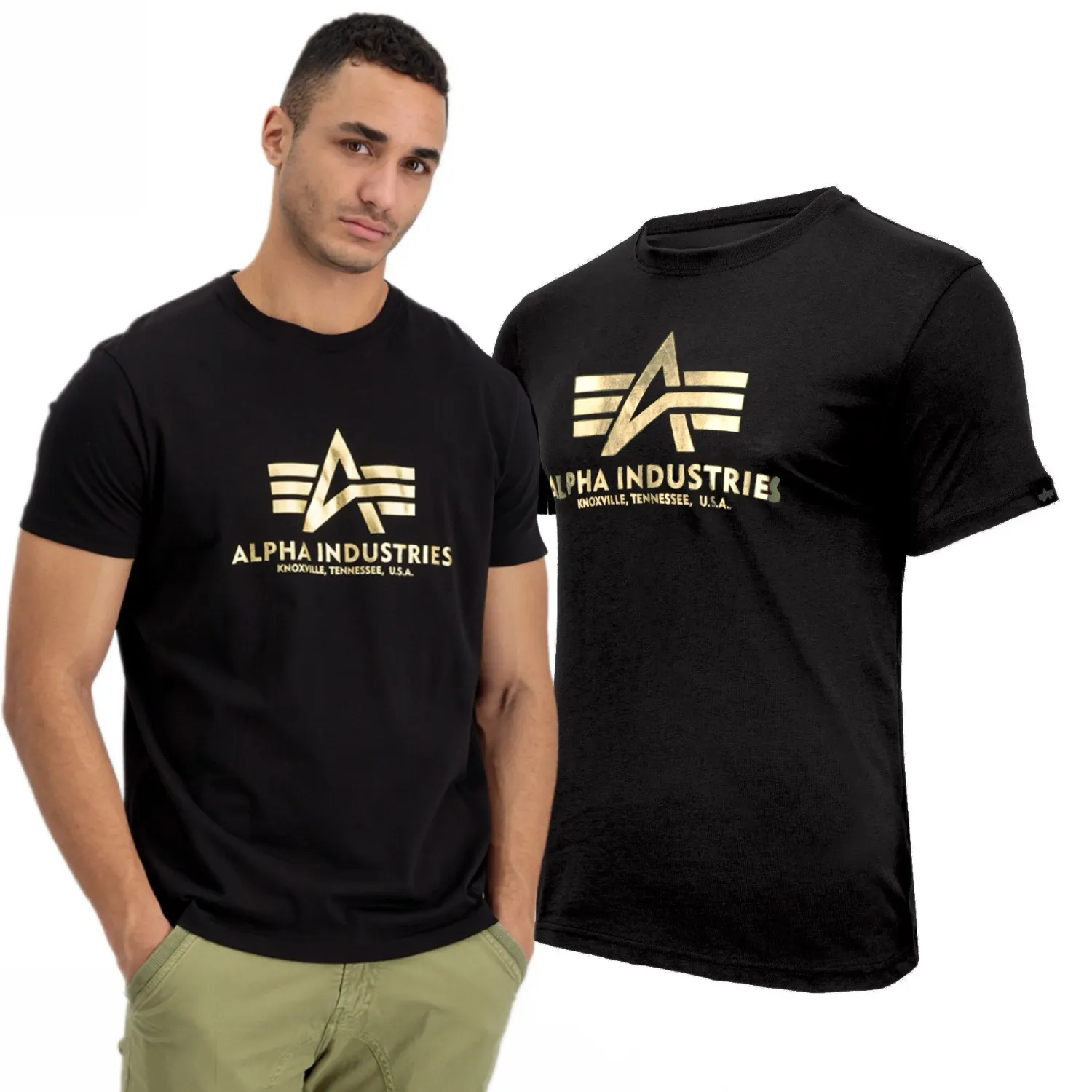 Koszulka Alpha Industries Basic Foil Print 100501FP 583 - Czarna/Złota XXL