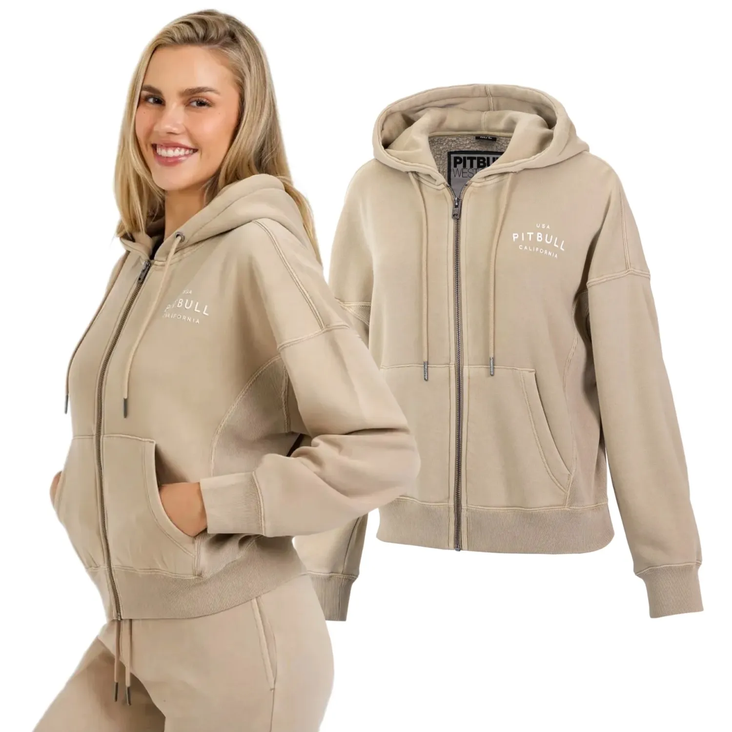 Bluza rozpinana z kapturem damska Pit Bull Washed Manzanita '24 - Piaskowa XS/S