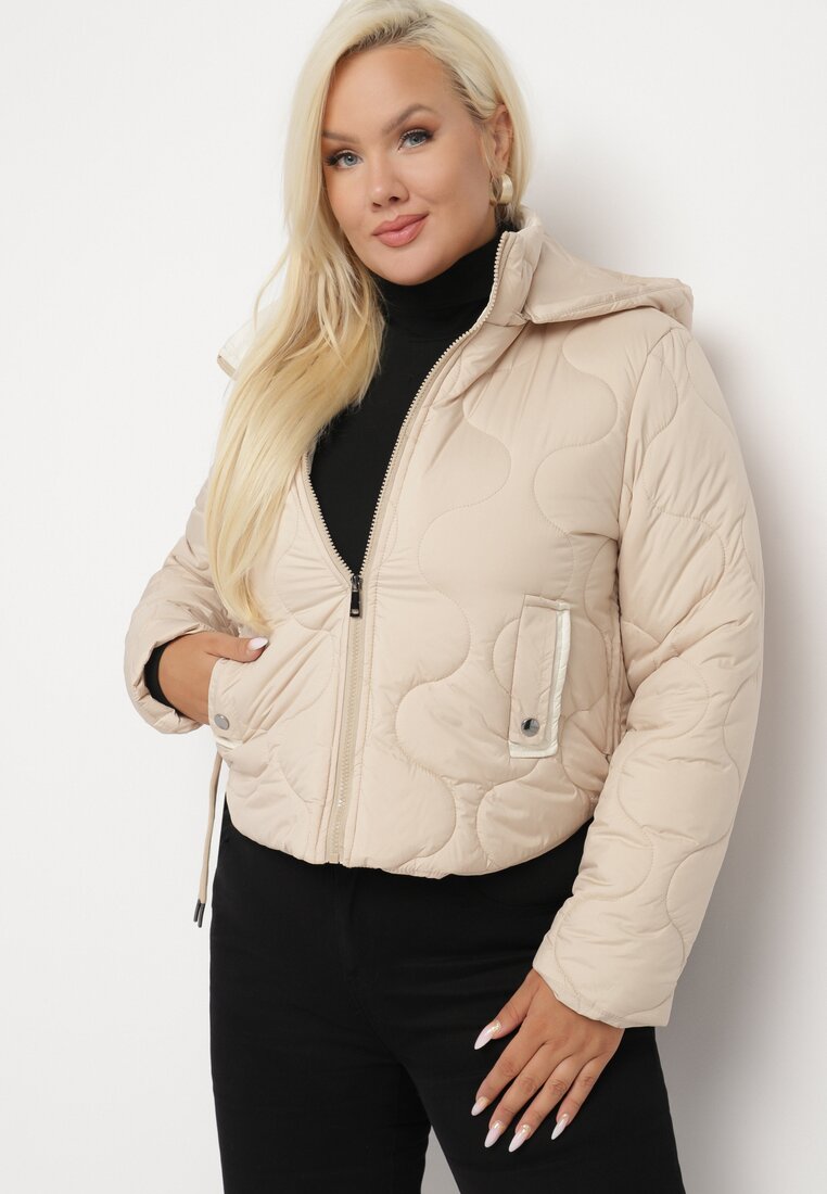 Beżowa Kurtka Krótka z Pikowaniem i Odpinanym Kapturem Taraes