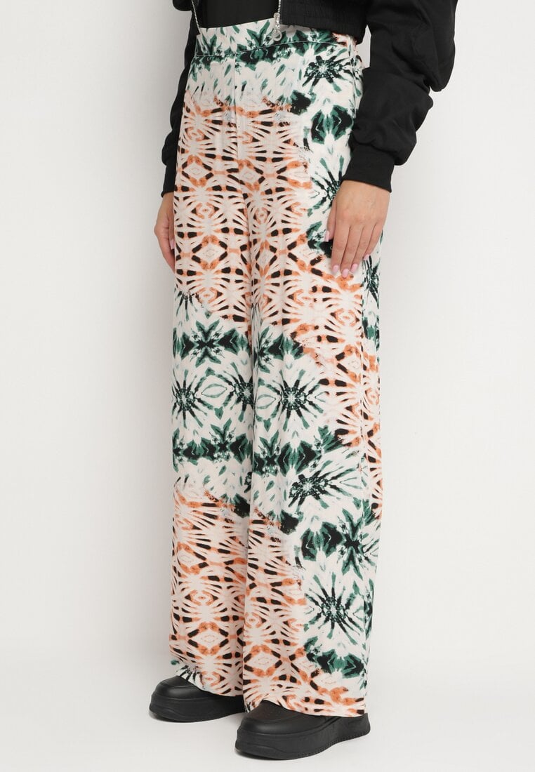 Zielono-Beżowe Spodnie Szerokie w Abstrakcyjny Wzór z Wiskozy Averina