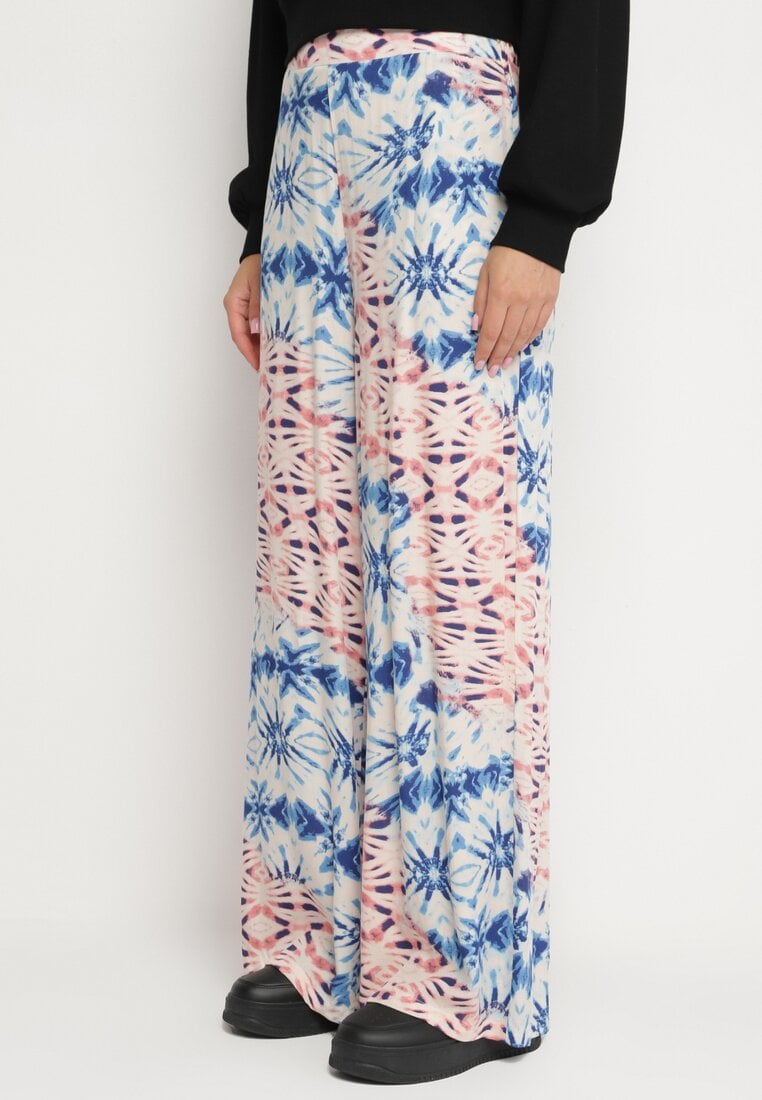 Niebiesko-Beżowe Spodnie Szerokie w Abstrakcyjny Wzór z Wiskozy Averina