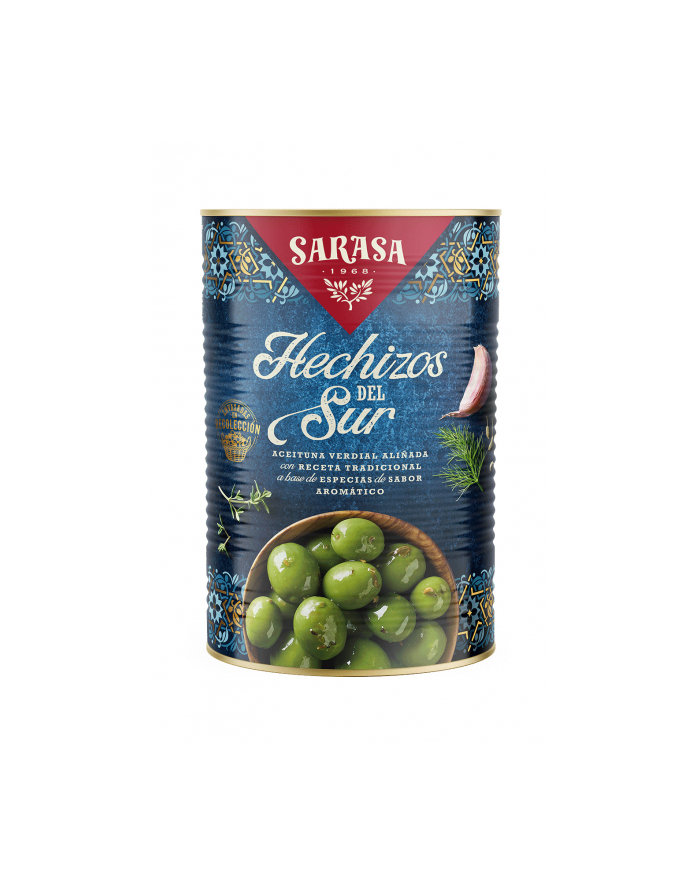 Oliwki SARASA Hechizos puszka 4200g - zielone oliwki z pestką w zalewie z oliwą z oliwek oraz przyprawami