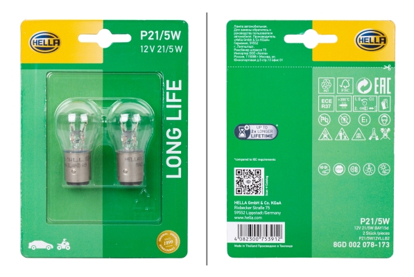 HELLA ŻARÓWKA P21/5W 12V HELLA 8GD002078173 P215W LONG LIFE BLISTER X2 8GD 002 078-173