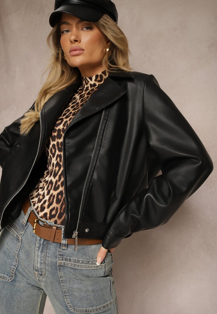 Czarna Taliowana Kurtka Ramoneska o Krótkim Fasonie Isolina