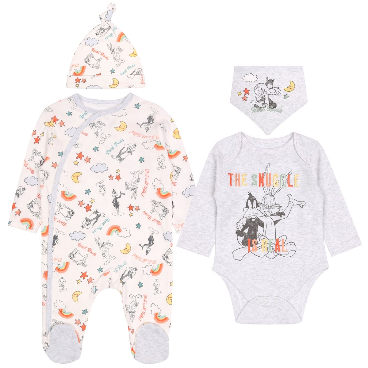 Szaro-biały komplet pajacyk, body, śliniak, czapka Królik Bugs DISNEY OEKO-TEX 0-2 m 56 cm