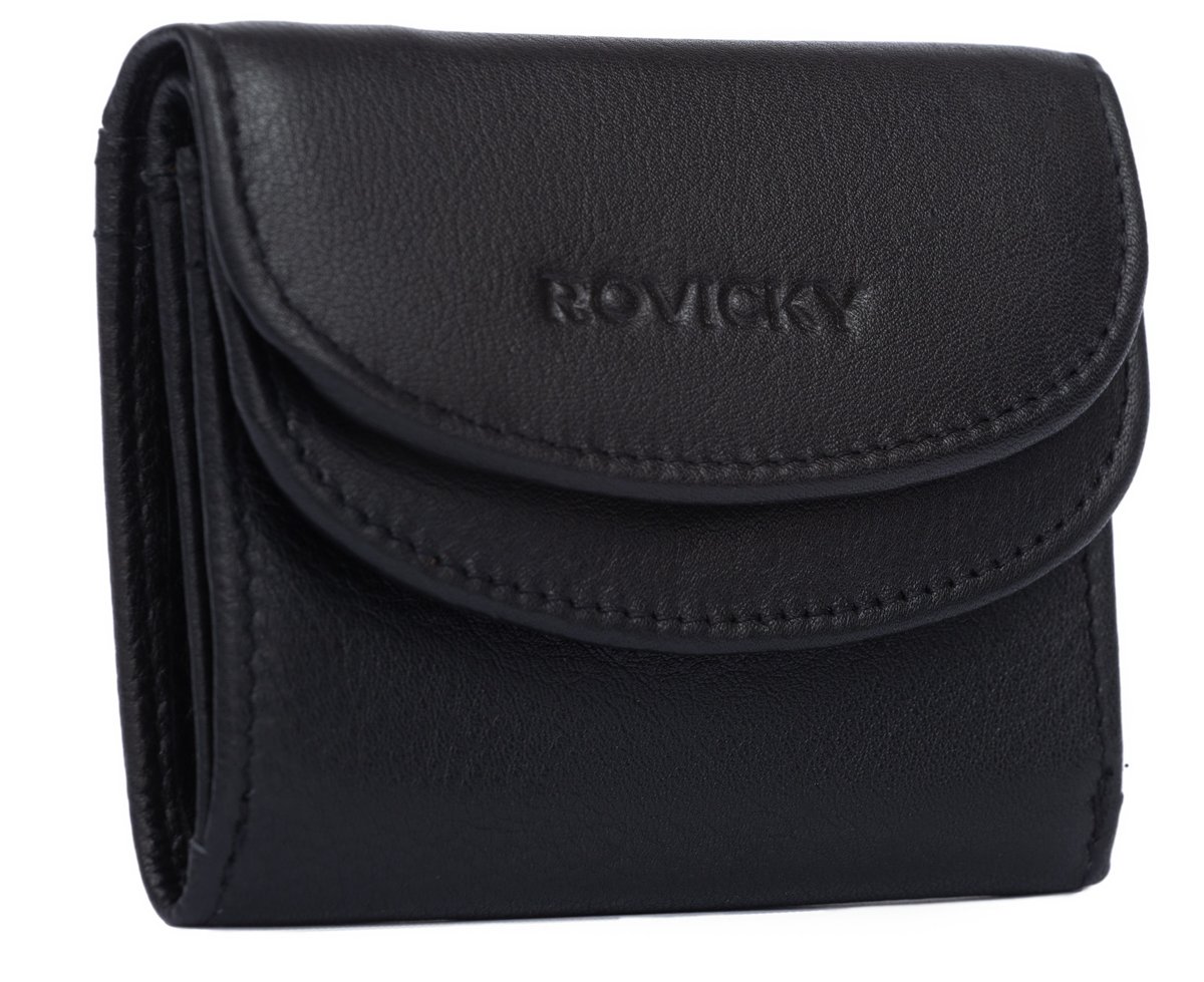 Damski skórzany portfel Rovicky na zatrzask minimalistyczna portmonetka na karty i gotówkę, czarny