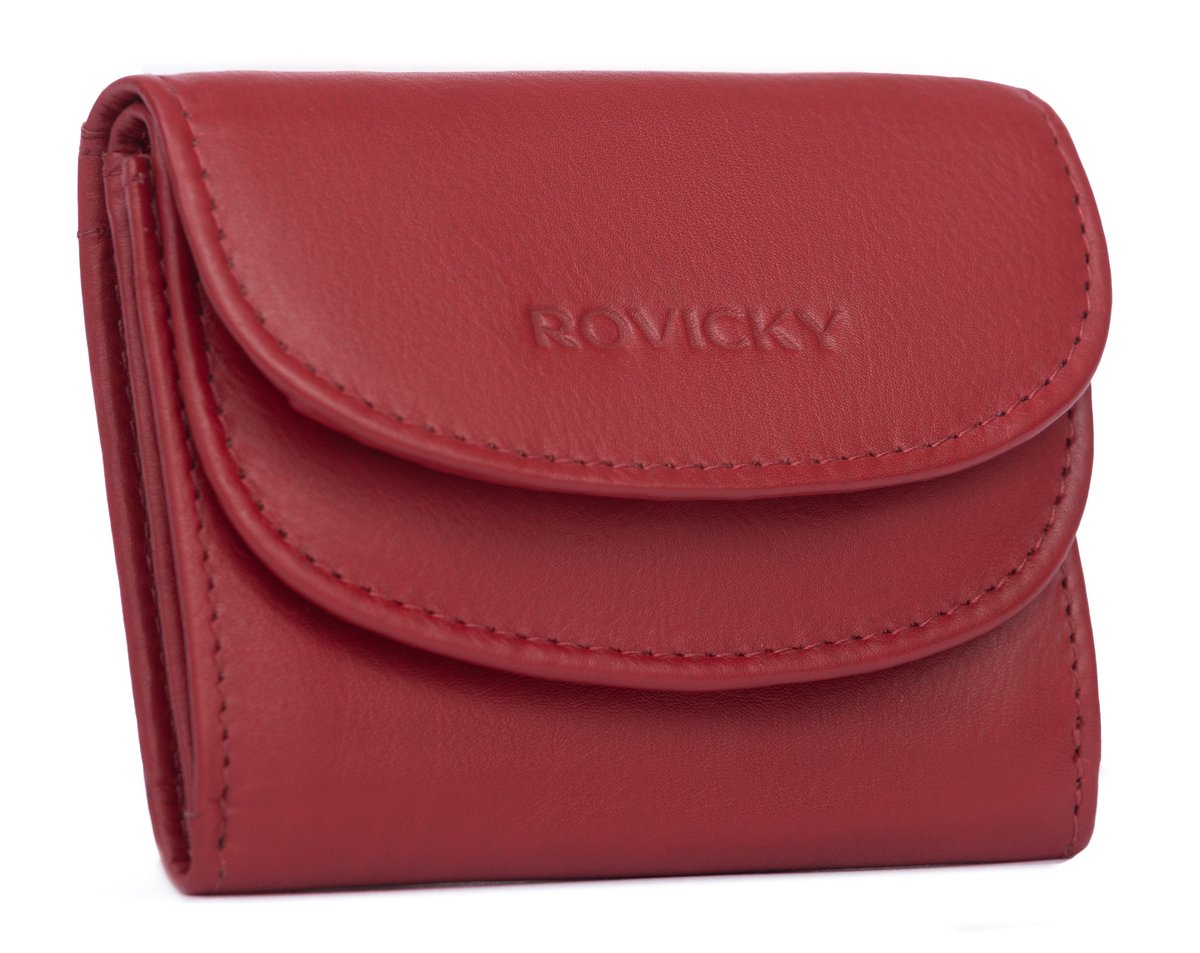 Damski skórzany portfel Rovicky na zatrzask minimalistyczna portmonetka na karty i gotówkę, czerwony
