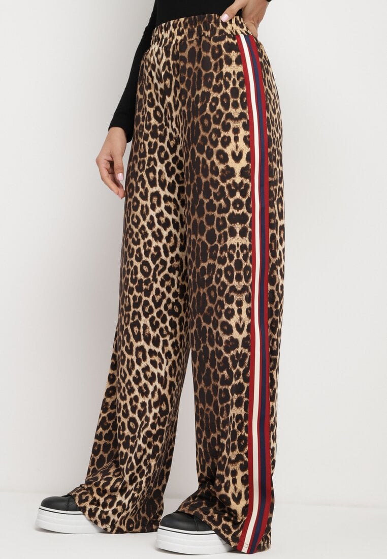 Brązowe Szerokie Spodnie z Wiskozą i Gumką w Talii Ozdobione Lampasami Velonara