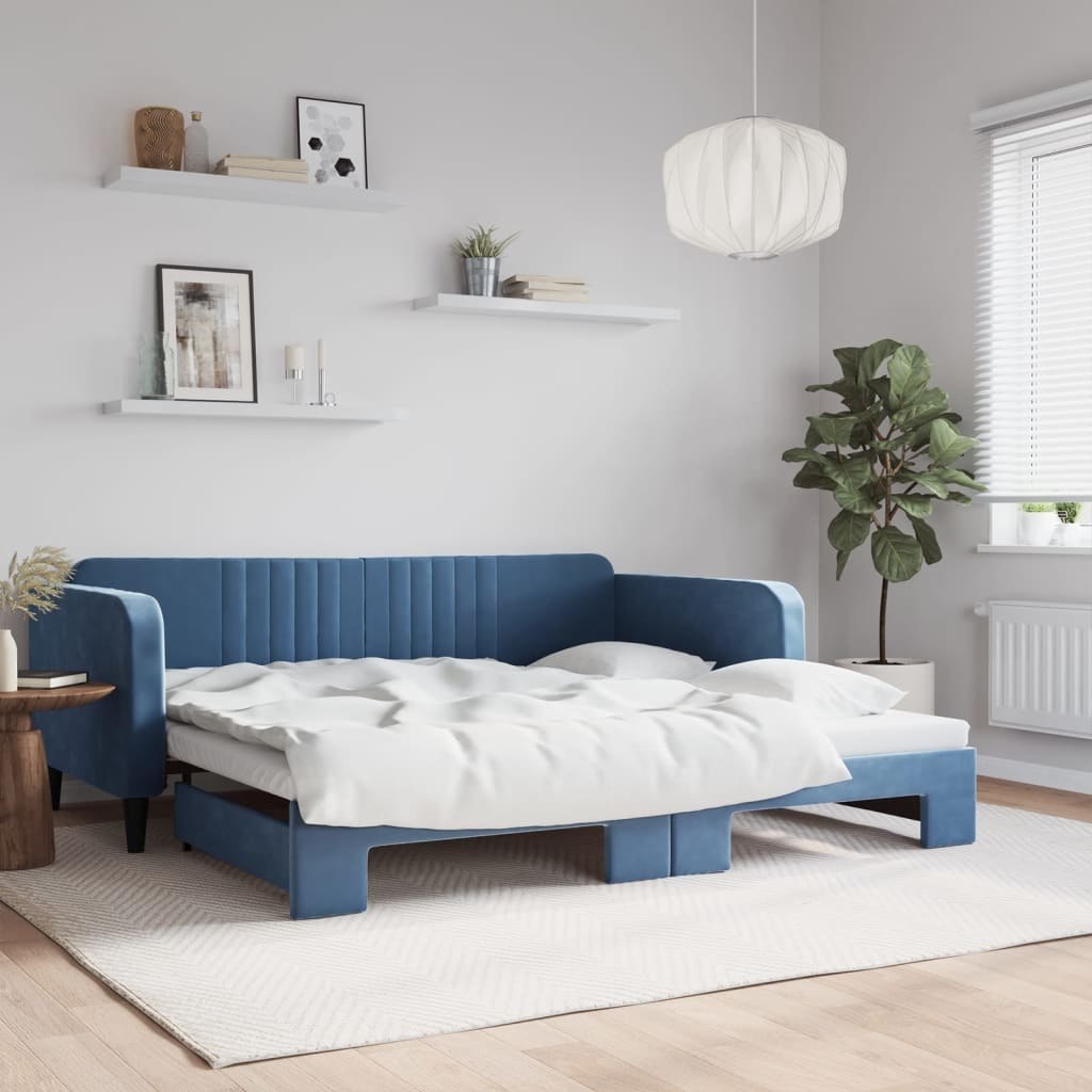 Sofa rozsuwana, niebieska, 100x200 cm, aksamit