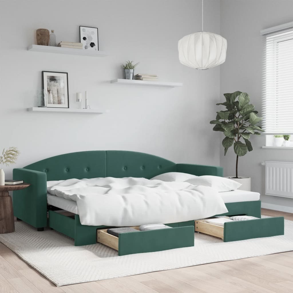 Sofa rozsuwana z szufladami, ciemnozielona, 80x200 cm, aksamit