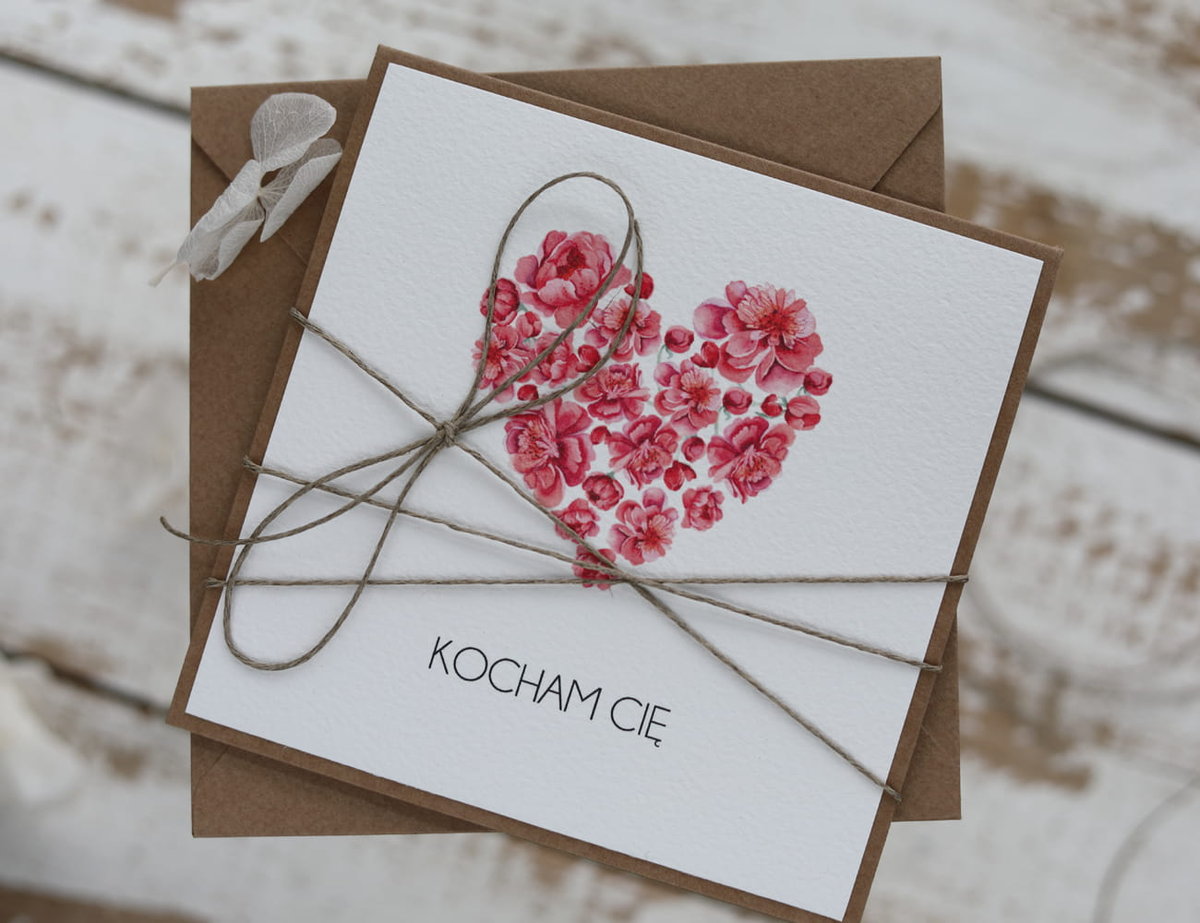 Ręcznie robiona kartka walentynkowa - walentynka napis Kocham Cię