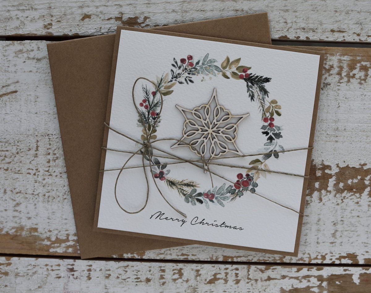 Stylowa ręcznie robiona kartka świąteczna na Boże Narodzenie wianek głóg (Merry Christmas Card)