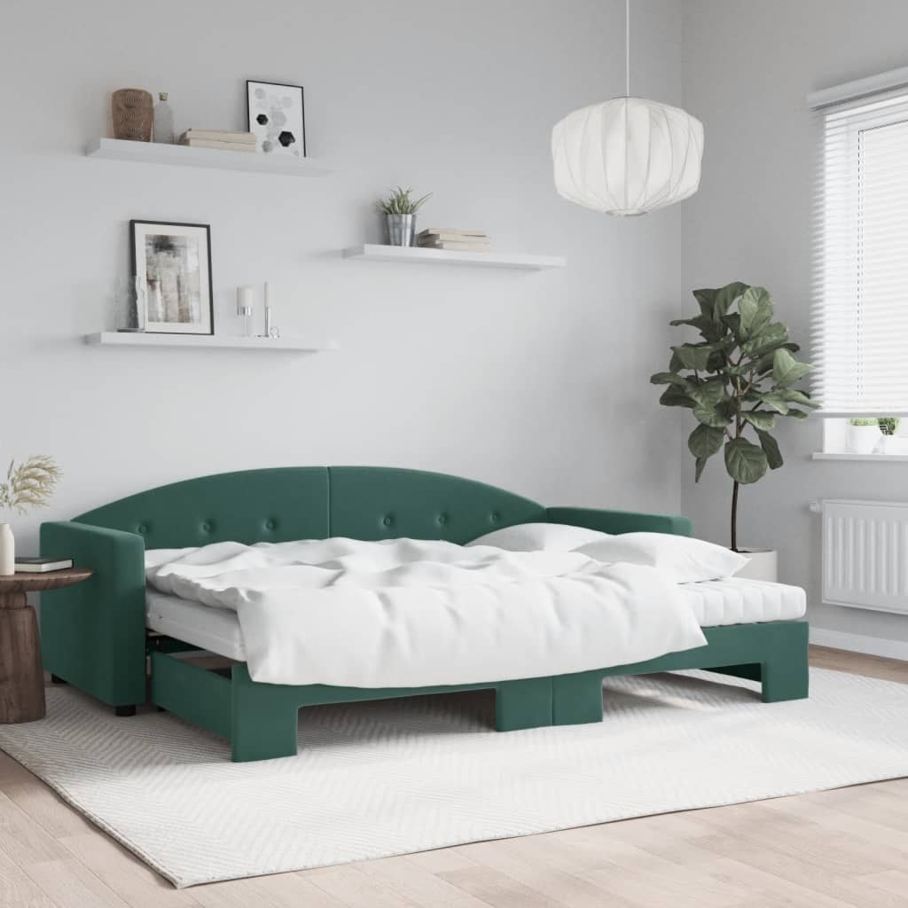 Sofa rozsuwana z materacami, ciemnozielona, 80x200 cm, aksamit