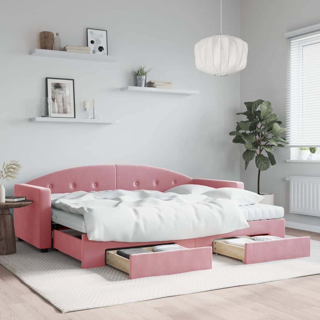 Sofa rozsuwana z szufladami, różowa, 80x200 cm, aksamit