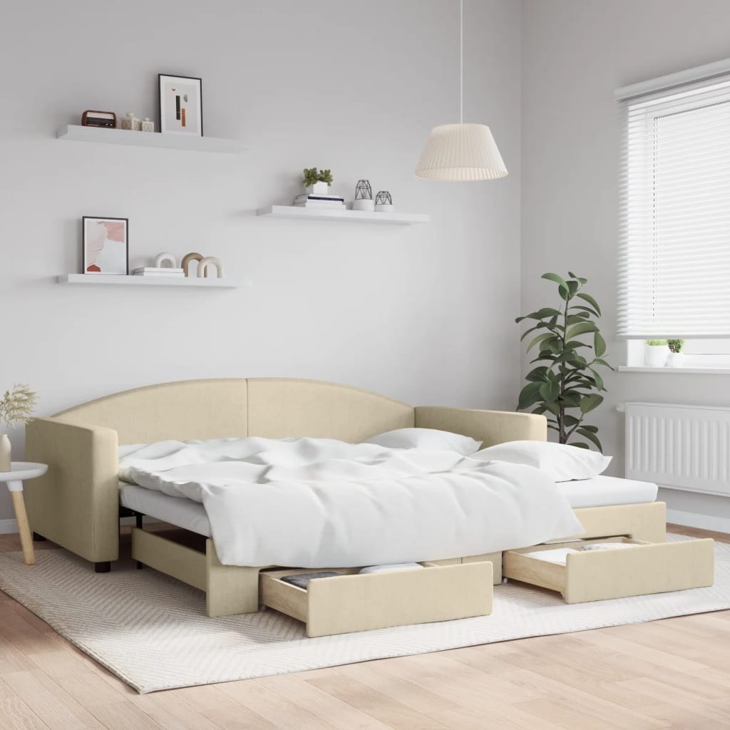 Sofa rozsuwana z szufladami, kremowa, 100x200 cm, tkanina