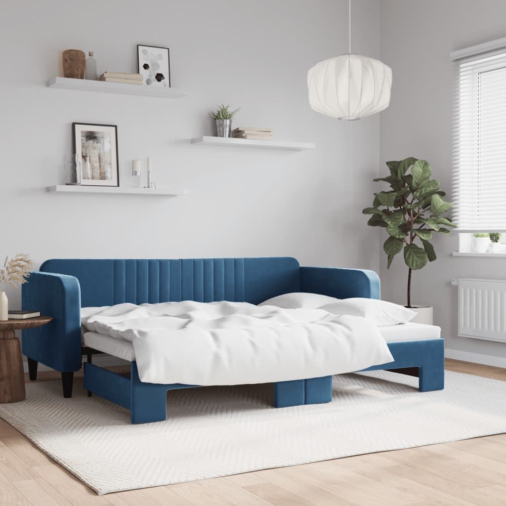 Sofa rozsuwana, niebieska, 80x200 cm, aksamit
