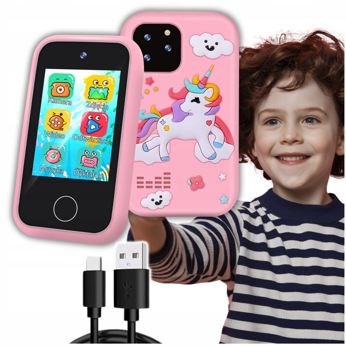 DZIECIĘCY TELEFON ZABAWOWY SMARTFON Z APARATEM KAMERA I GRY + KARTA 32GB