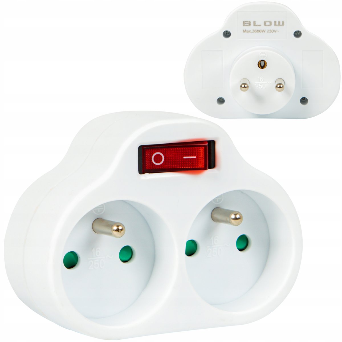 ROZGAŁĘŹNIK PODWÓJNY Z WYŁĄCZNIKIEM 2 GNIAZDA Z/U BIAŁY Z UZIEMIENIEM