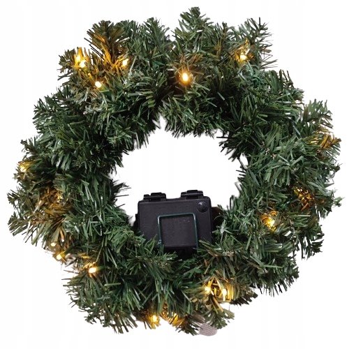 WIANEK sztuczny 35 cm świecący TIMER na zewnątrz wianek zielony świerk