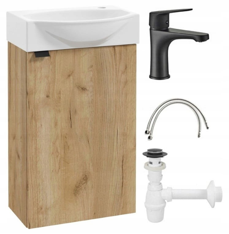 Szafka łazienkowa z umywalką 60x40 cm wisząca dąb craft z czarną baterią Parma