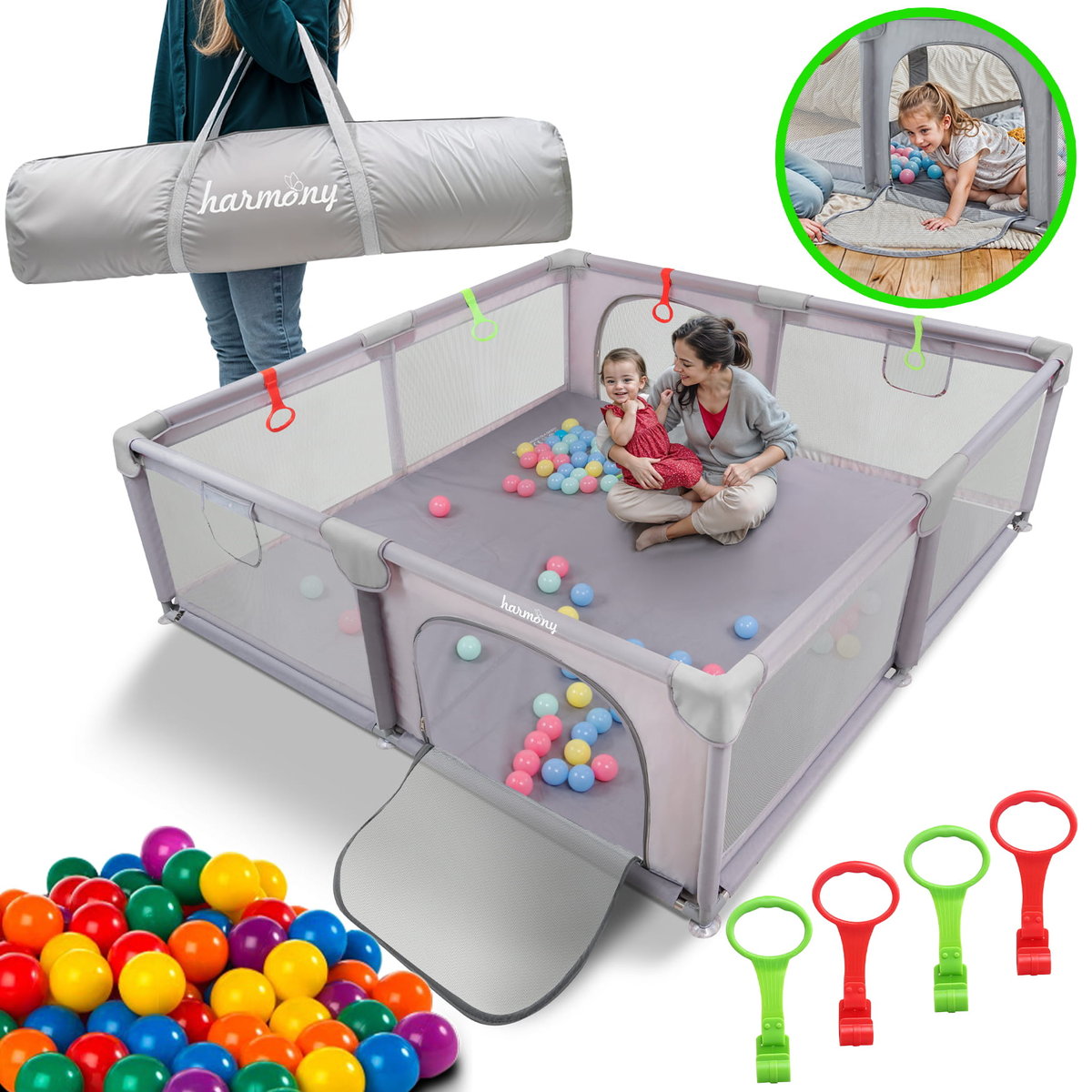 KOJEC DZIECIĘCY XXL DUŻY 180x200 cm PLAC ZABAW SUCHY BASEN + UCHWYTY I 50 PIŁEK