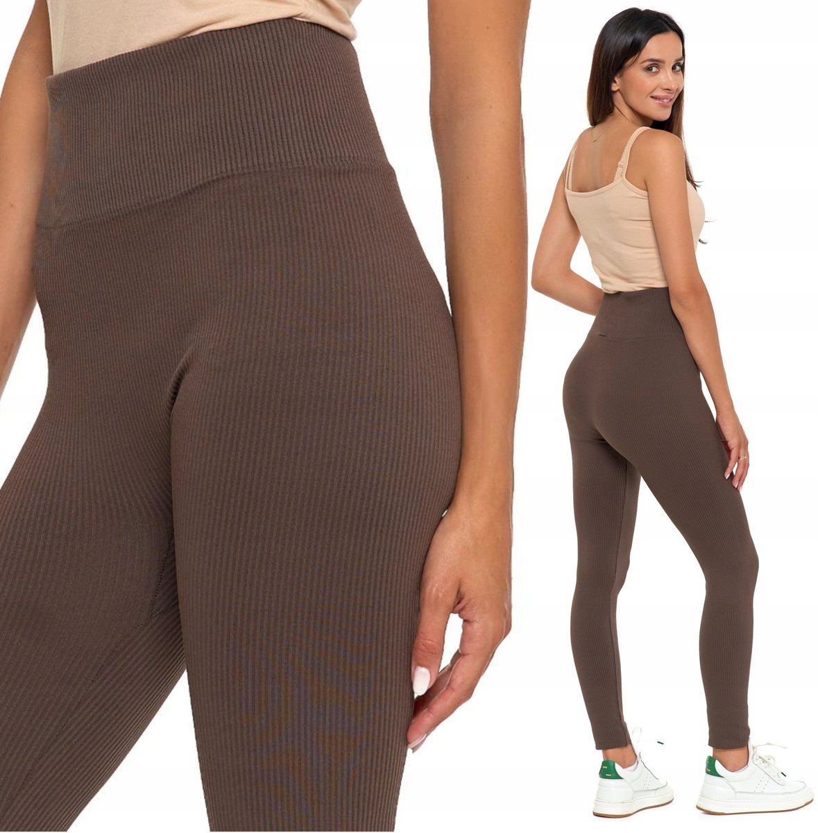 Prążkowane Legginsy Getry Damskie Wysoki Stan Modne Kryjące MORAJ L/XL