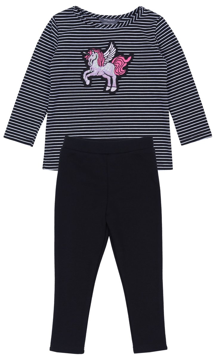 Zestaw : bluzka w paski z jednorożcem + czarne getry 6-7 lat 122 cm