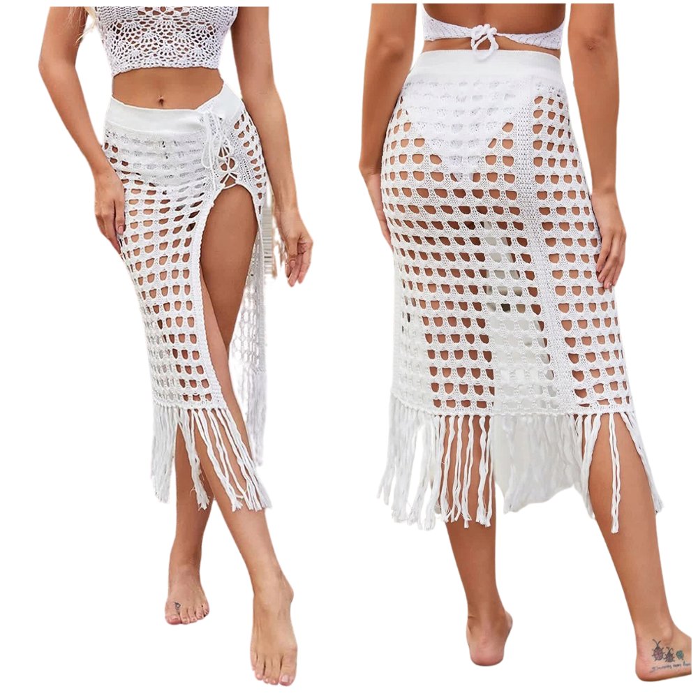 BIAŁA AŻUROWA MIDI SPÓDNICA PLAŻOWA BOHO PLAŻA LATO STYLOWA FRĘDZLE PROSTA S