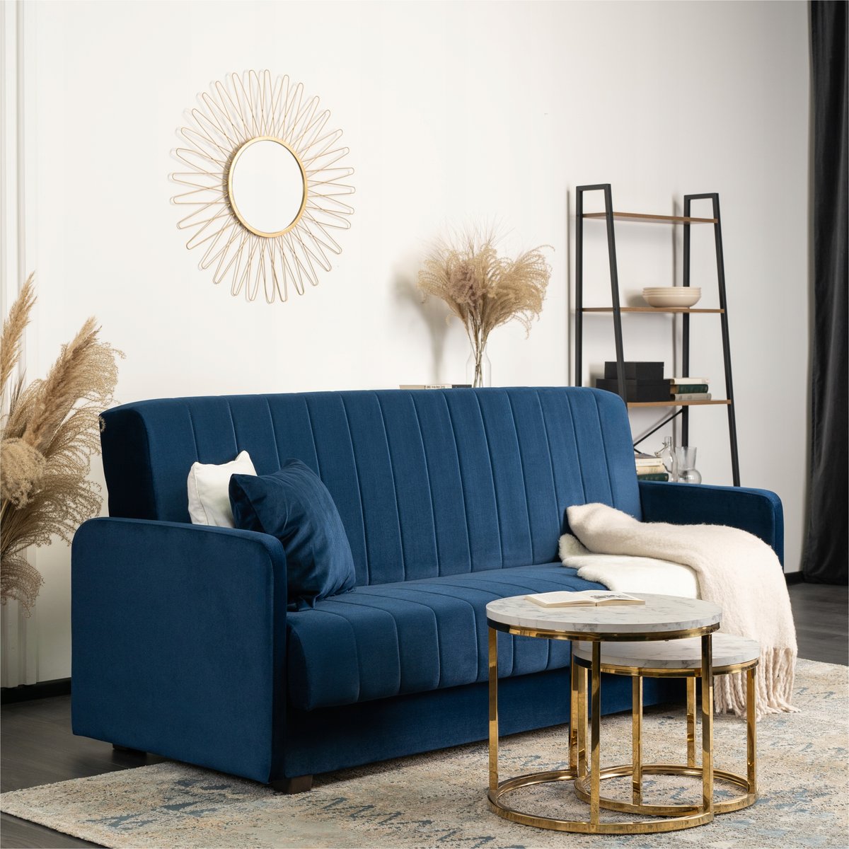Wersalka Sofa Kanapa Rozkładana z Funkcją Spania Welurowa Granatowa PORTO
