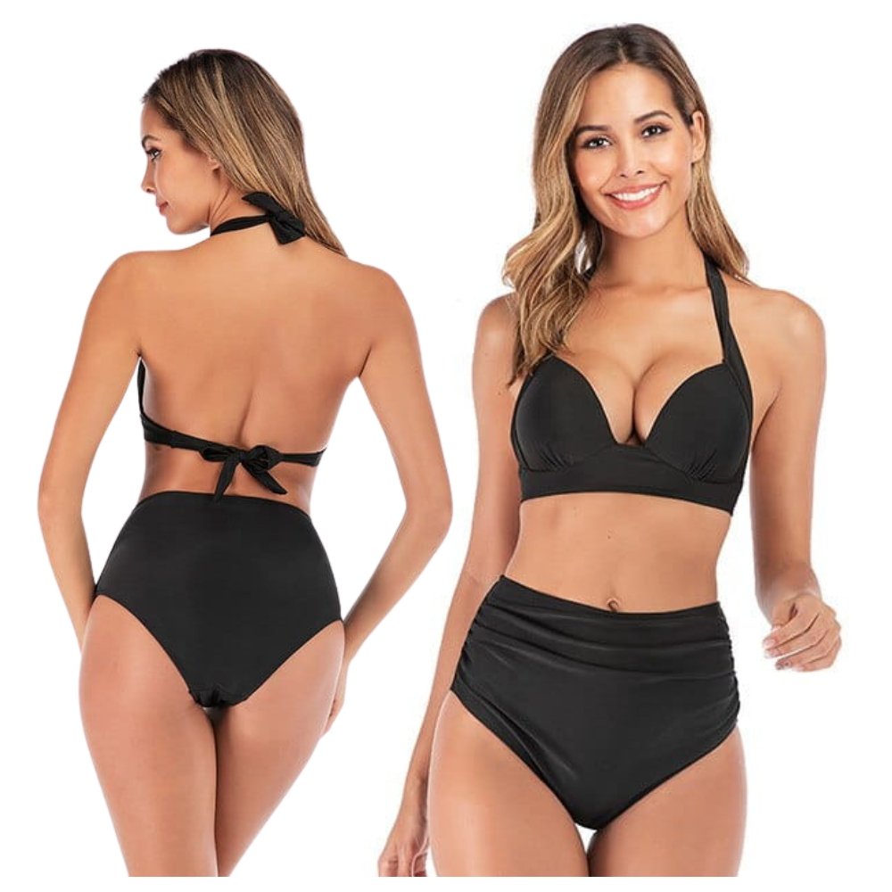 BIKINI KOMPLET STRÓJ KĄPIELOWY CZARNY LATO WYSOKI STAN USZTYWNIANY WIĄZANY M