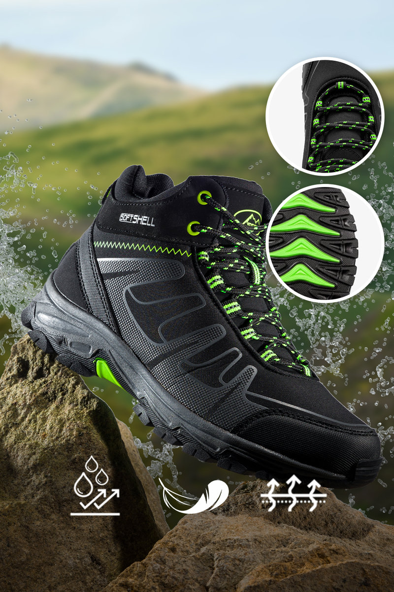 Czarne buty trekkingowe damskie z zielonymi dodatkami sznurowane softshell Casu B2112-2-37