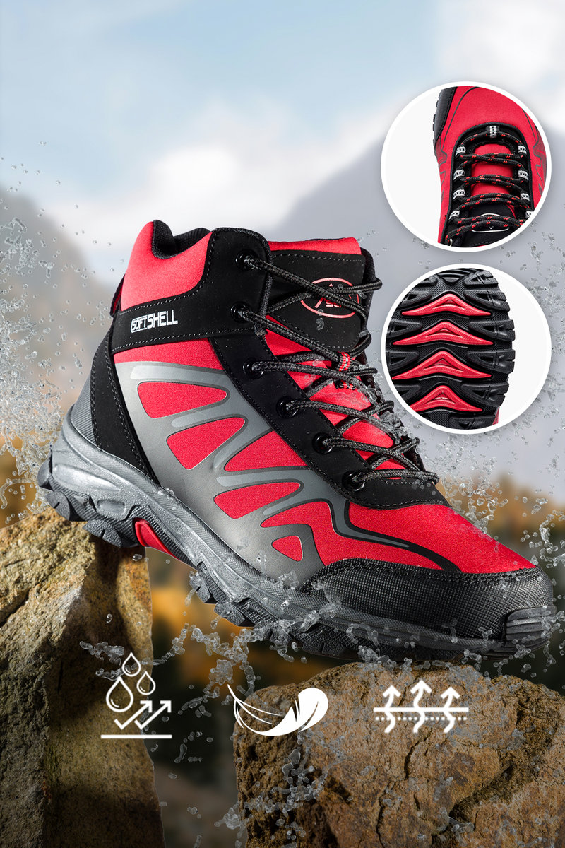 Czerwone buty trekkingowe damskie sznurowane z czarnymi dodatkami softshell Casu B2109-4-36