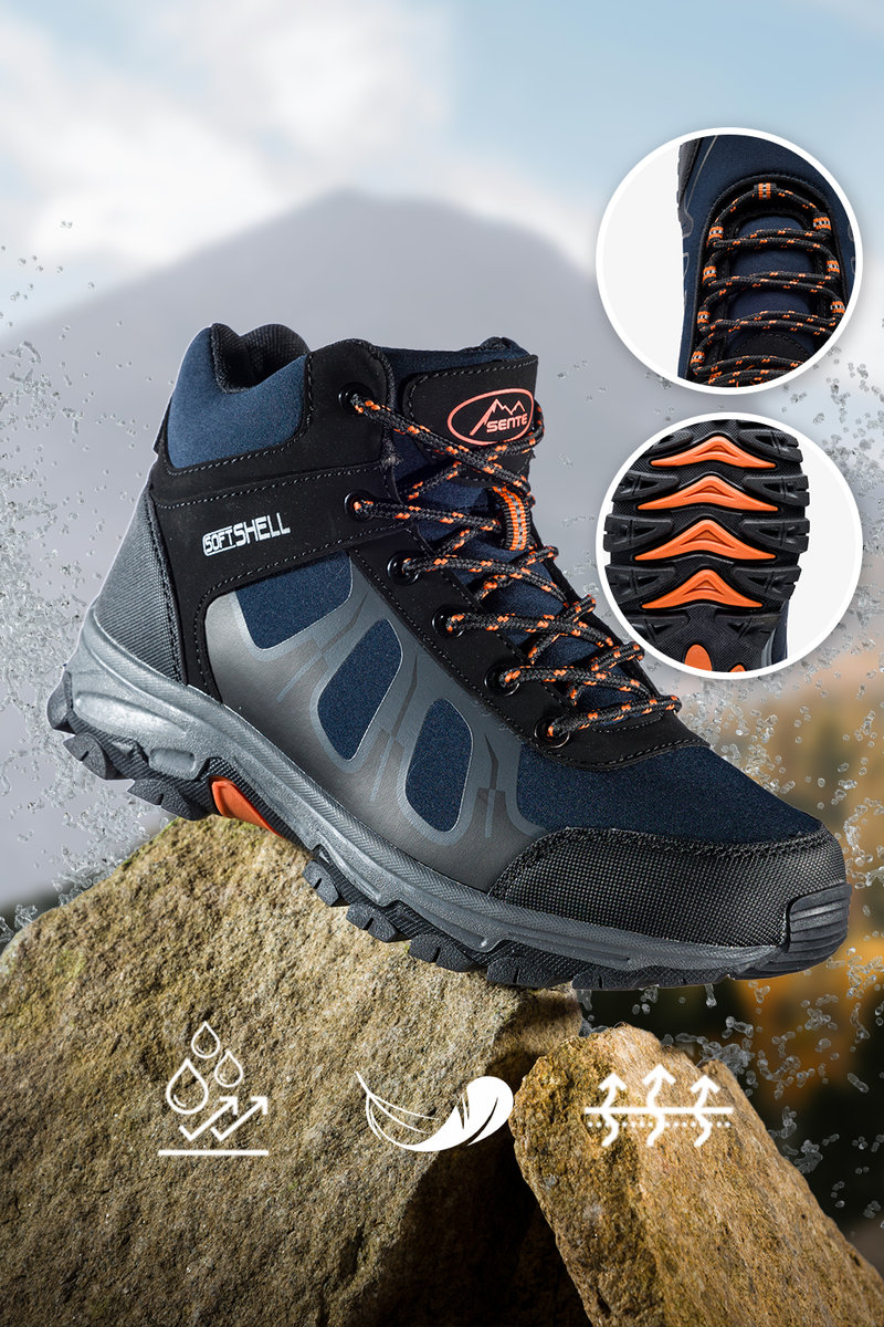Granatowe buty trekkingowe damskie sznurowane z pomarańczowymi dodatkami softshell Casu B2108-6-39
