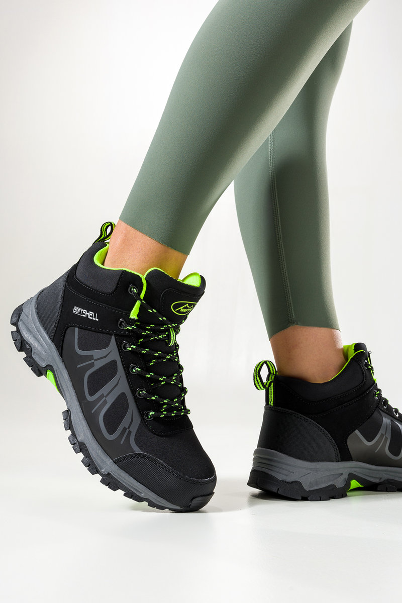Czarne buty trekkingowe damskie sznurowane z seledynowymi dodatkami softshell Casu B2108-2-41