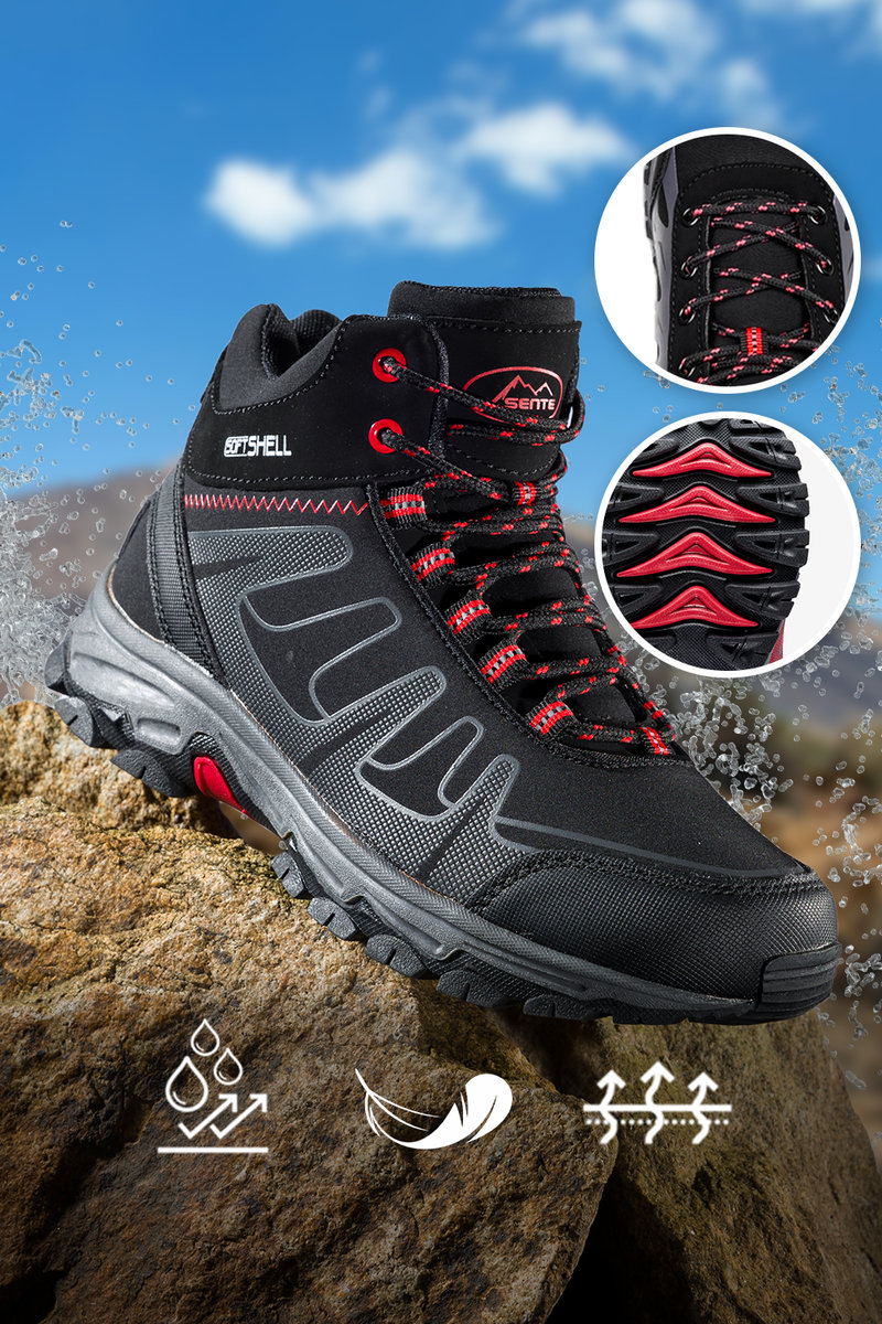 Czarne buty trekkingowe damskie z czerwonymi dodatkami sznurowane softshell Casu B2112-3-36