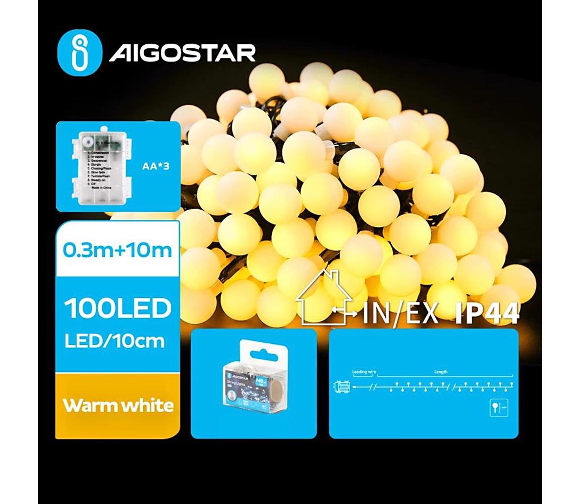 Aigostar - LED Łańcuch zewnętrzny 100xLED/3xAA/8 funkcji 10,3 m IP44 ciepła biel