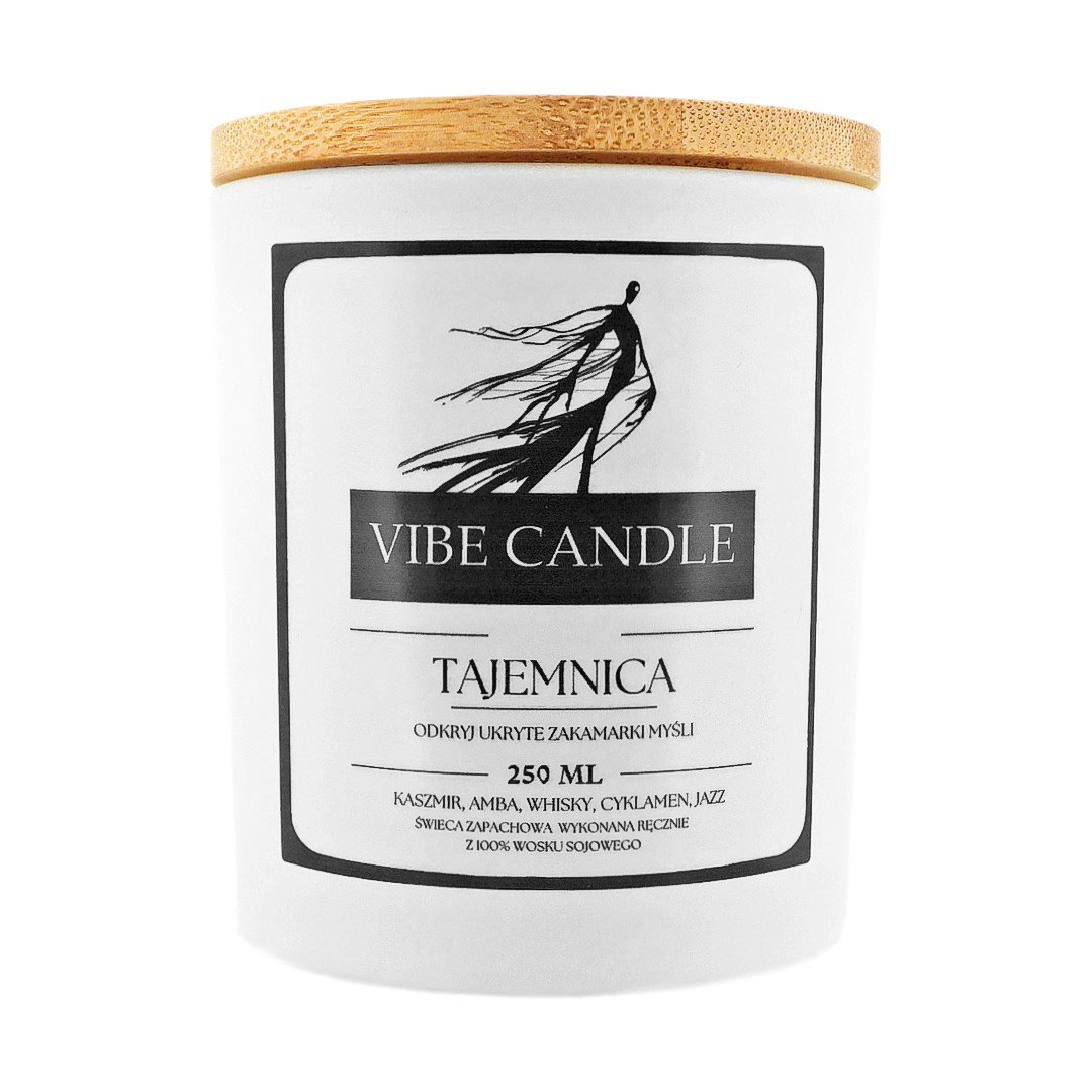 Świeca zapachowa Tajemnica - Kaszmir, Amba, Whisky, Cyklamen i Jazz Vibe Candle
